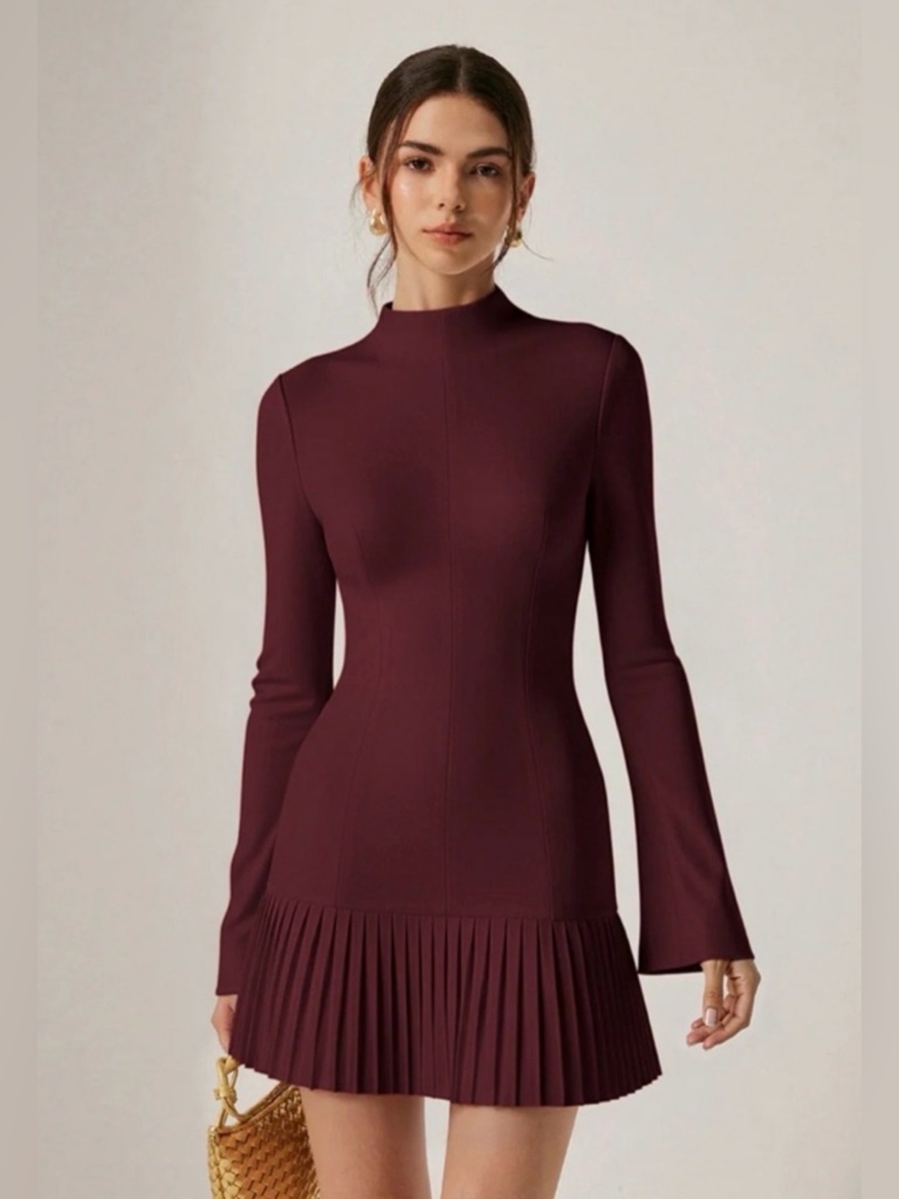 Commense Burgundy Bell Long Sleeve Pleated Hem Mini Dress Size Small